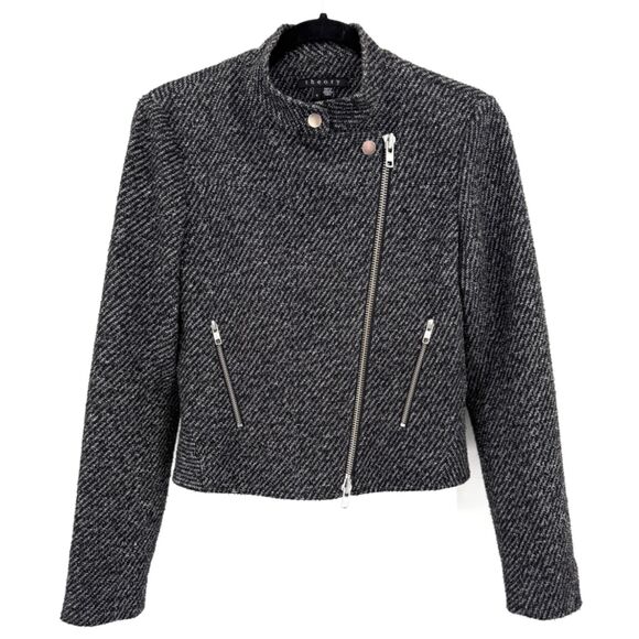 THEORY Kinde Purposeful Twill Moto Asymmetrical Zip Black Gray Jacket Size 4 - Picture 2 of 10